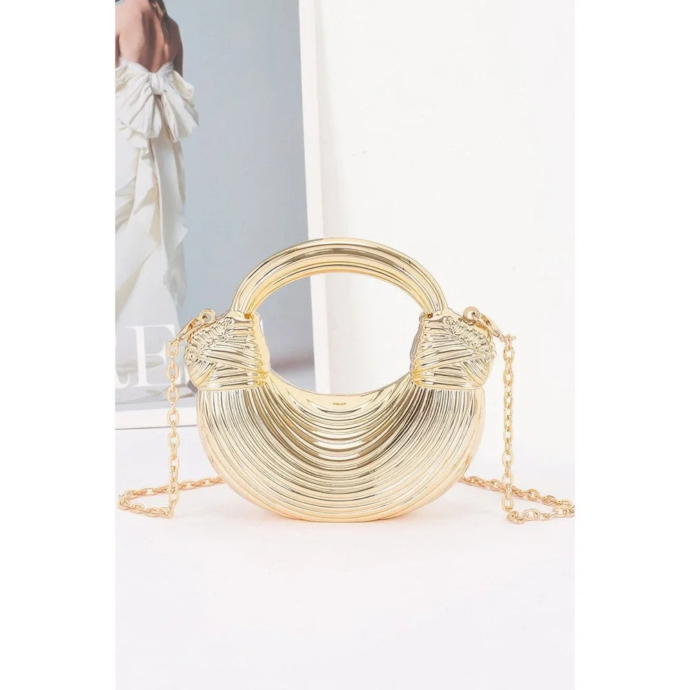 Hard Shell Mini Clutch Women Gold Ribbed Metallic Evening